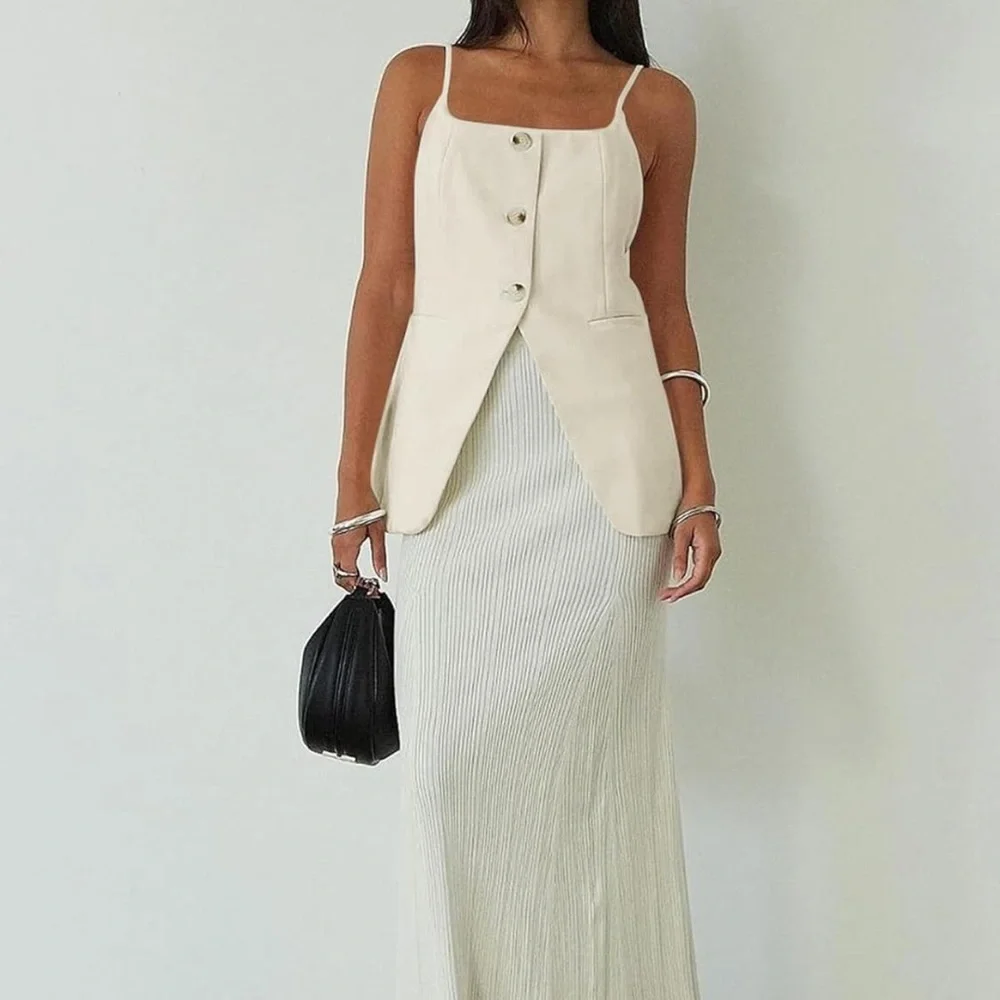 Womens Spaghetti Strap Tank Top Summer Blazer Vest Button Down - Picture 4 of 4